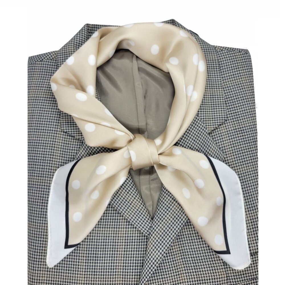 Luxury Elegant Silky Square Scarf Beige White Polka Dot Print Head Wrap Bandana